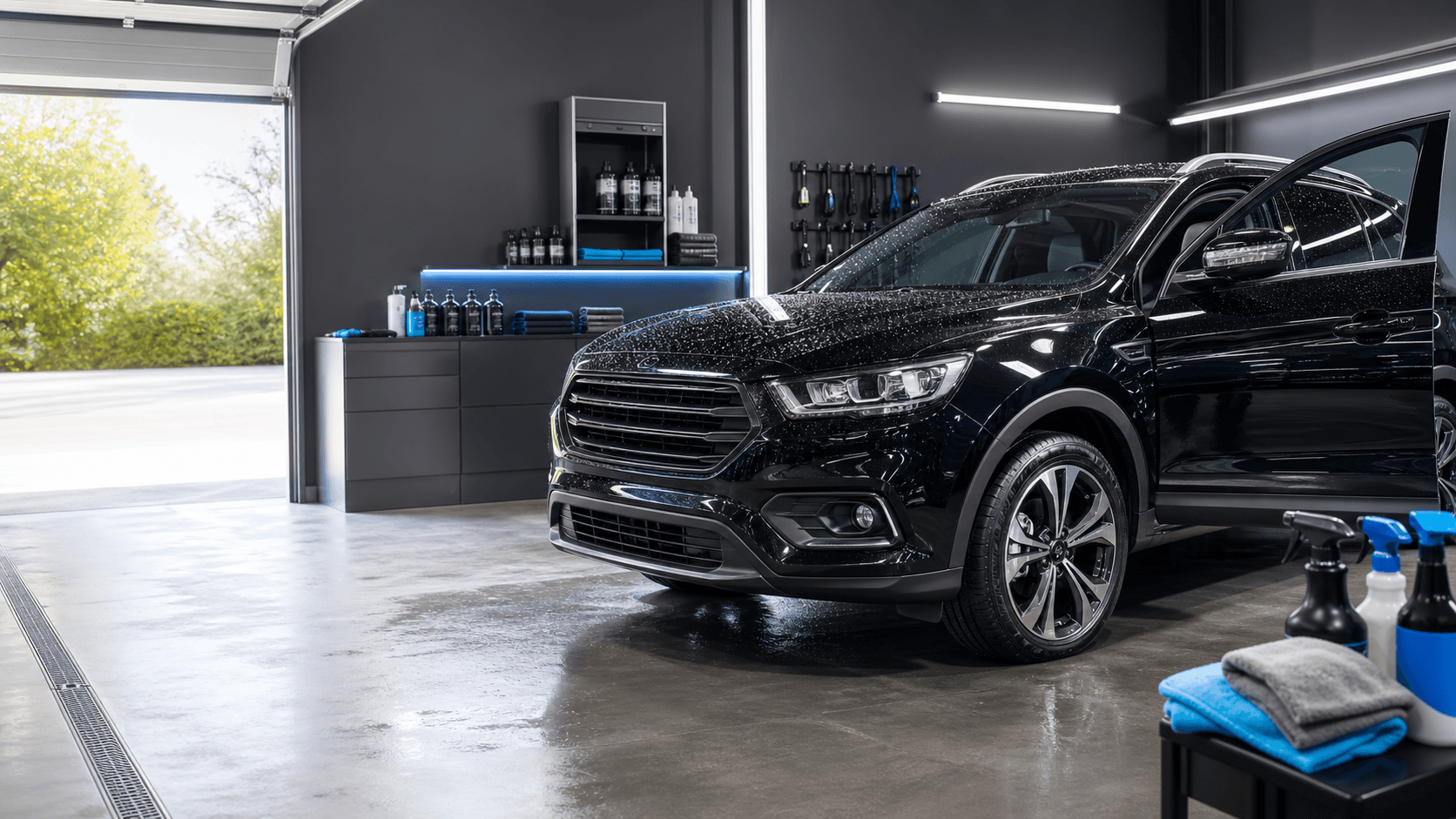 Voiture propre dans un garage AutoClean39 lumineux en journée